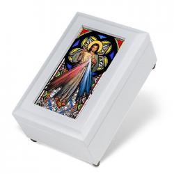 STAINED GLASS WITH REAL WOOD DIVINE MERCY WHITE MUSIC BOX 